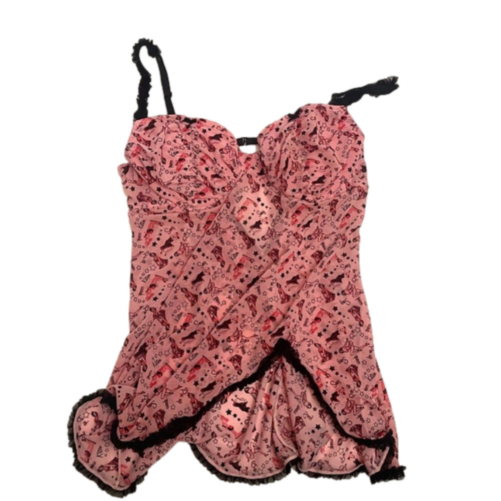 LOVE LA SENZA Cute Pink Graphic Print Lingerie Chemise Teddy. Size L